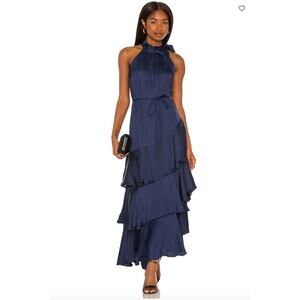 Elliatt Bold Halter Ruffle Maxi Dress Midnight Navy Formal Style Size Small